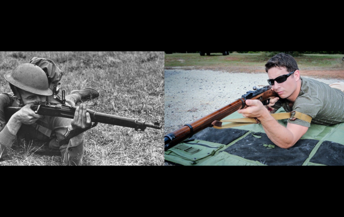 WWI soldier and modern rifle shooter