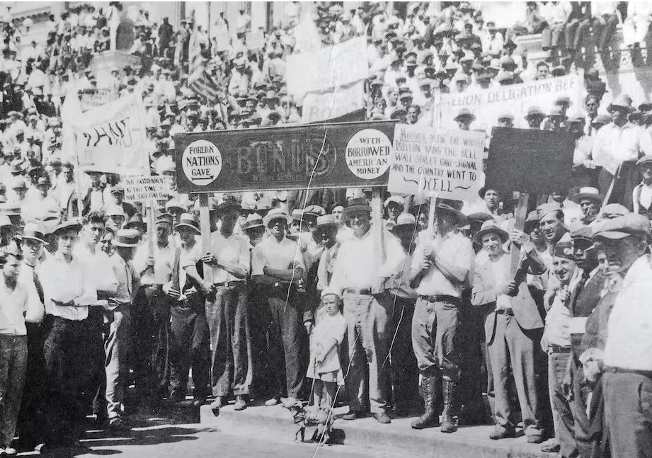 The Bonus Army protesting on the U.S. Capitol steps on Jan. 2,1932