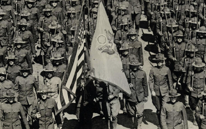 WWI photo of soldiers marching