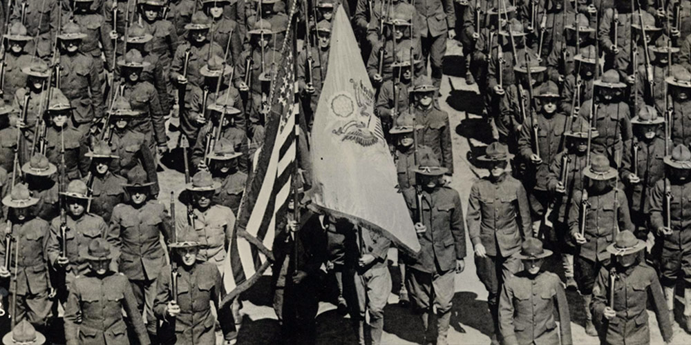 WWI photo of soldiers marching