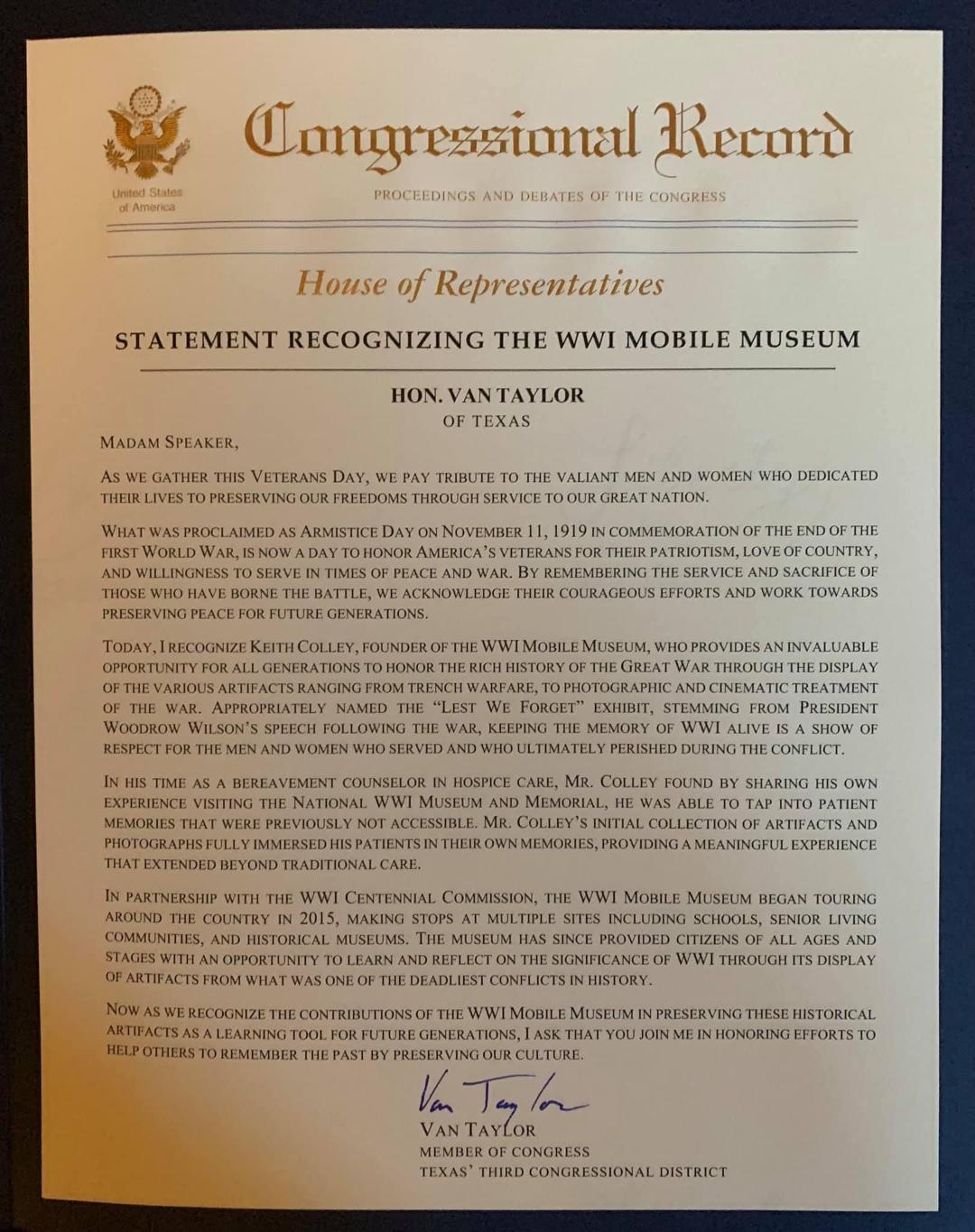 Congressional Record recognizing WWI mobile museum