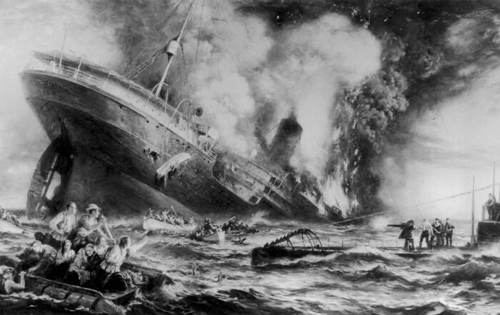 7th May 1915: The sinking of the Cunard ocean liner 'Lusitania' by a German submarine off the Old Head of Kinsale, Ireland. 128 US citizens lost their lives and the tragedy helped bring the USA into World War I. (Photo by Three Lions/Getty Images)