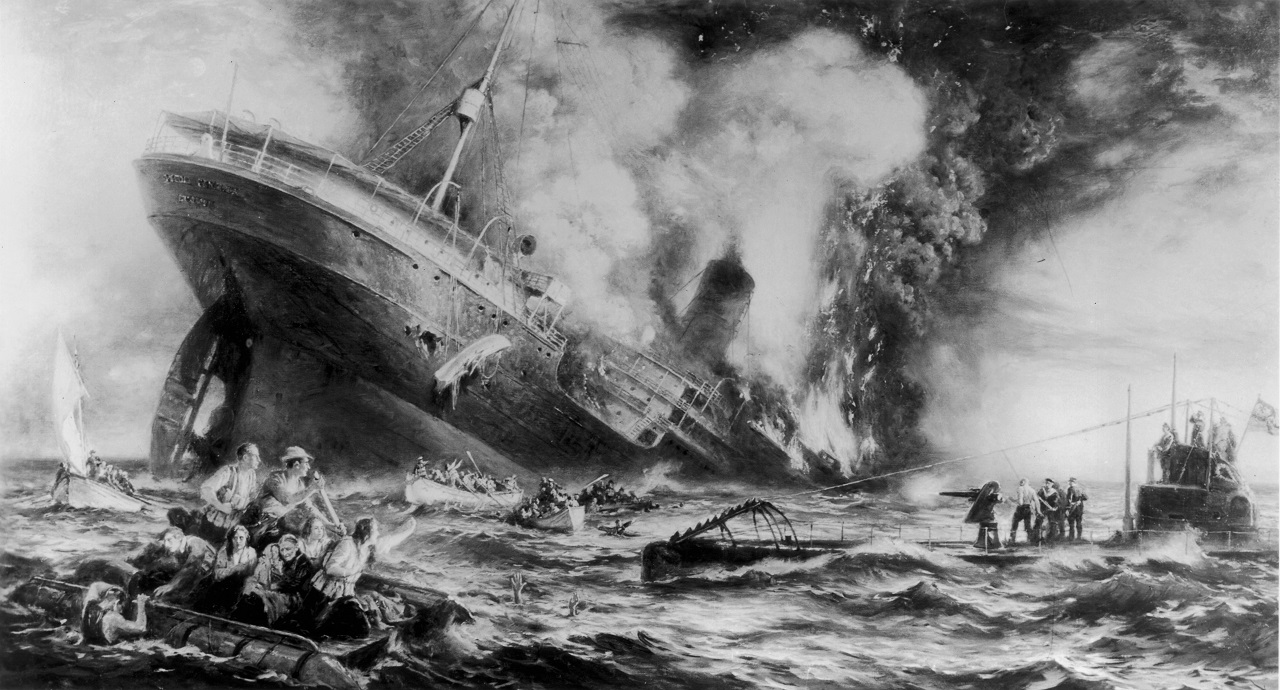 7th May 1915: The sinking of the Cunard ocean liner 'Lusitania' by a German submarine off the Old Head of Kinsale, Ireland. 128 US citizens lost their lives and the tragedy helped bring the USA into World War I. (Photo by Three Lions/Getty Images)