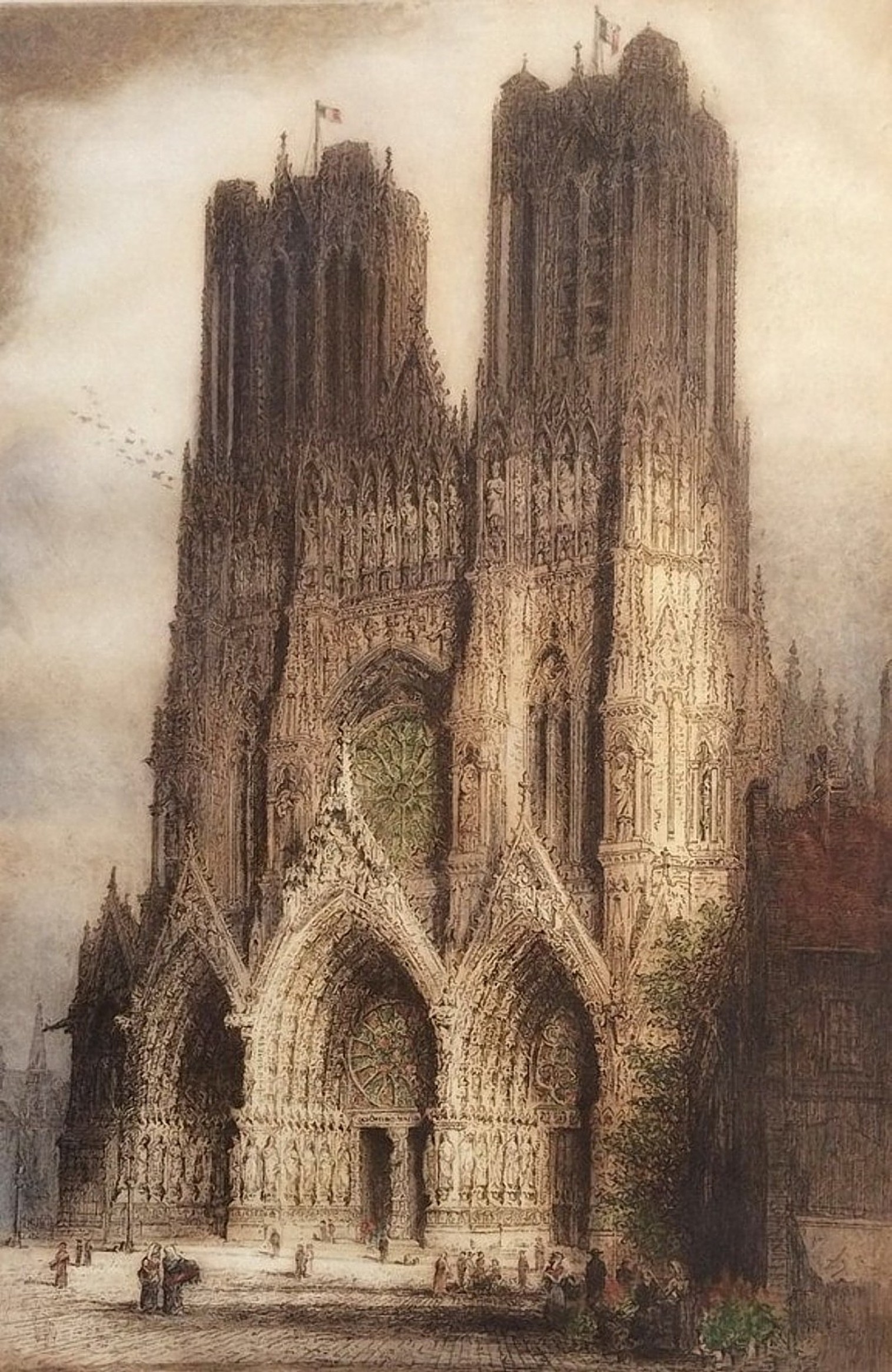 etching of Rheims Cathedral