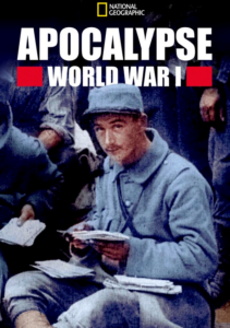 A WWI French soldier reads. The title of the program is above him.