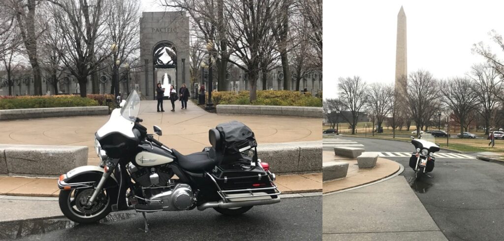 Motorcycle at the WWII memorial and Washington Monument