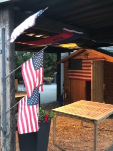 three hanging stick flags and one flag mounted on a wall