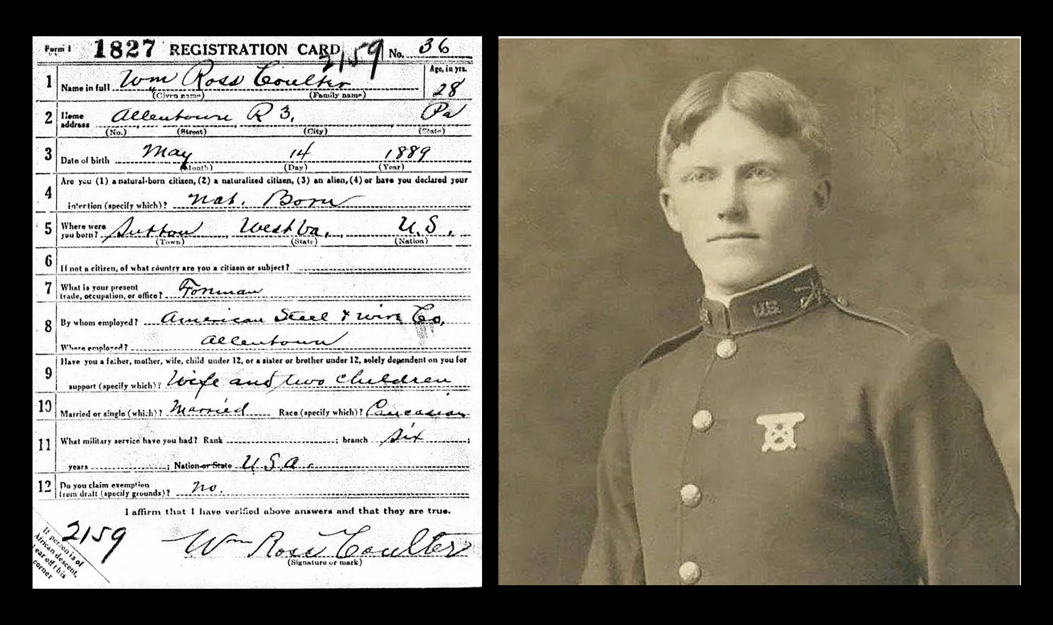 William Ross Coulter, WWI Draft Card and photo in uniform