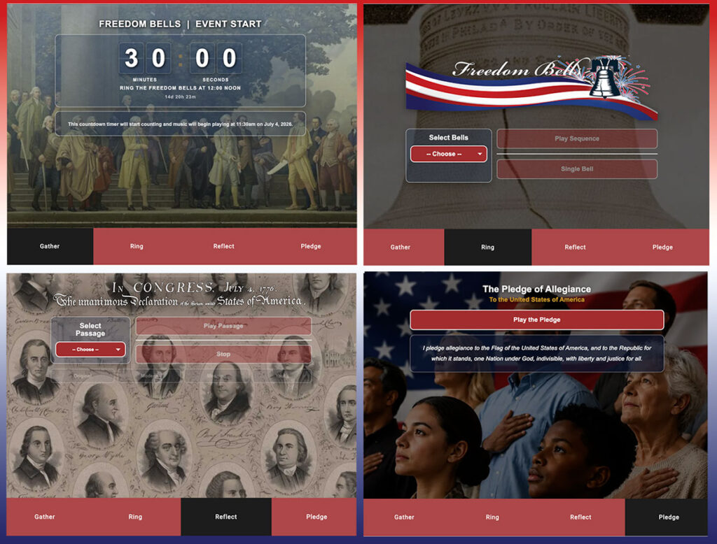 Gather, Ring, Reflect, and pledge panels from the FreedomBells WebApp