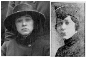 Supervisor Renee Messelin pictured at left with the First Unit of The Hello Girls in Paris in 1918, and at right in an article that appeared in The Fresno Morning Republican, Fresno, California, on Sunday, November 21, 1920.